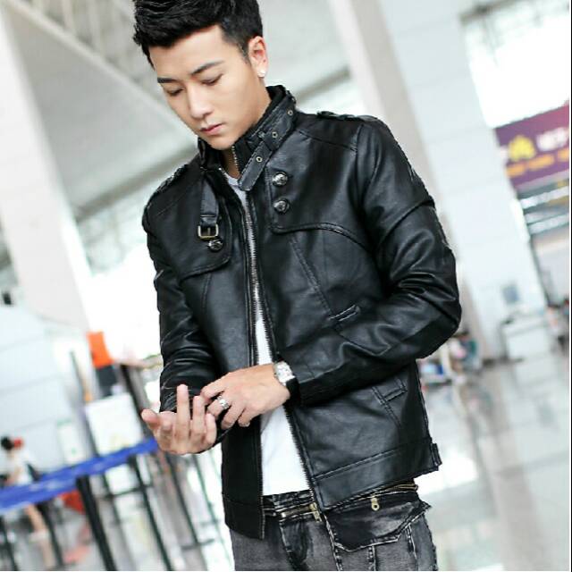 Jaket semi kulit korea pria warna hitam terbaru
