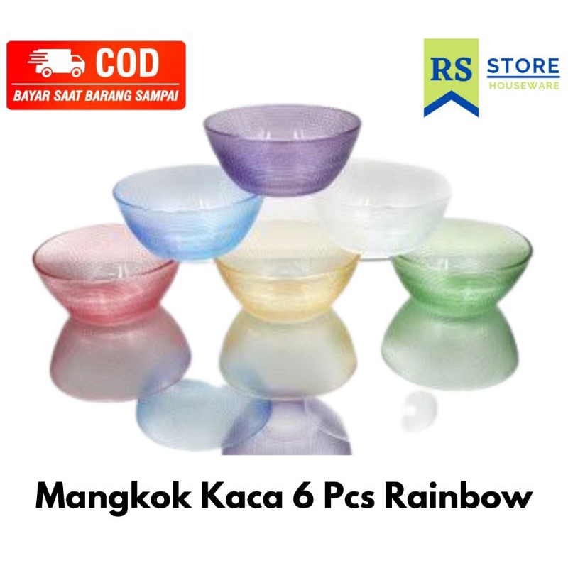 mangkok kaca pelangi manik warna-warni cantik isi 6 pcs set susun/mangkuk rainbow BMW tahan panas