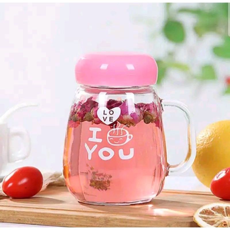 Yamata Gelas Mini I Love You Botol Minum Kaca Anak Sekolah Remaja Unik Lucu Dengan Motif Kartun Gelas Kaca Murah Pegangan Saringan Karet Anti Tumpah