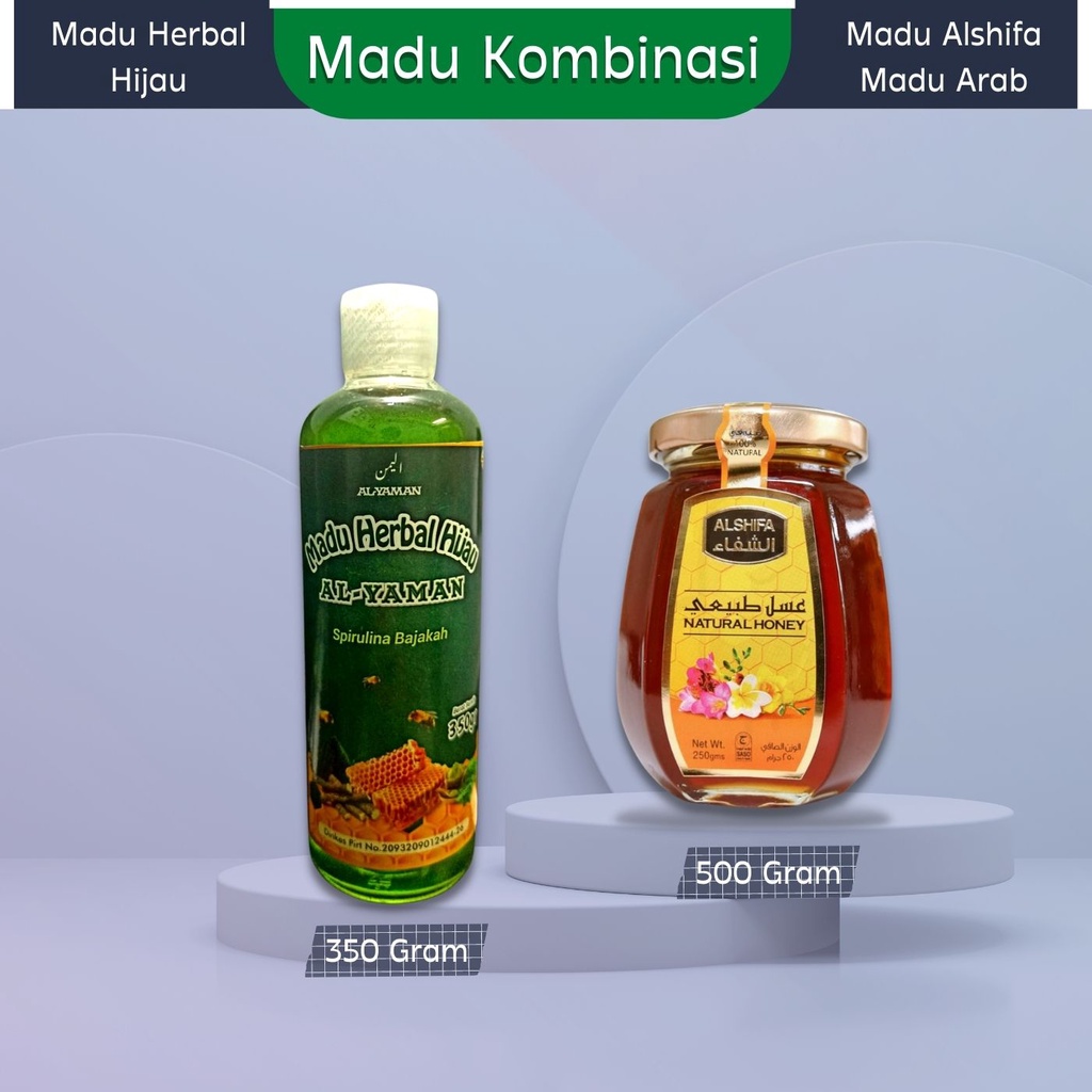 Madu Kombinasi Madu Alshifa madu arab 250 gram plus Madu Herbal Hijau 350gram untuk kesehatan dan mengatasi asam lambung penyakit Lambung