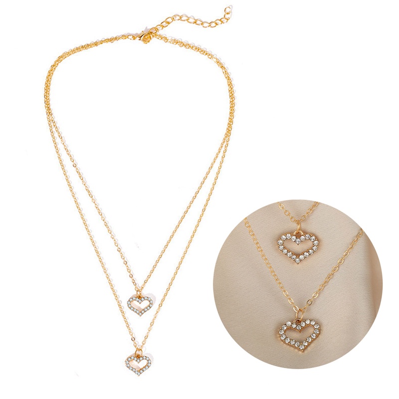 Kalung Rantai Multilayer Bentuk Hati Geometris Warna Emas Perak Untuk Wanita