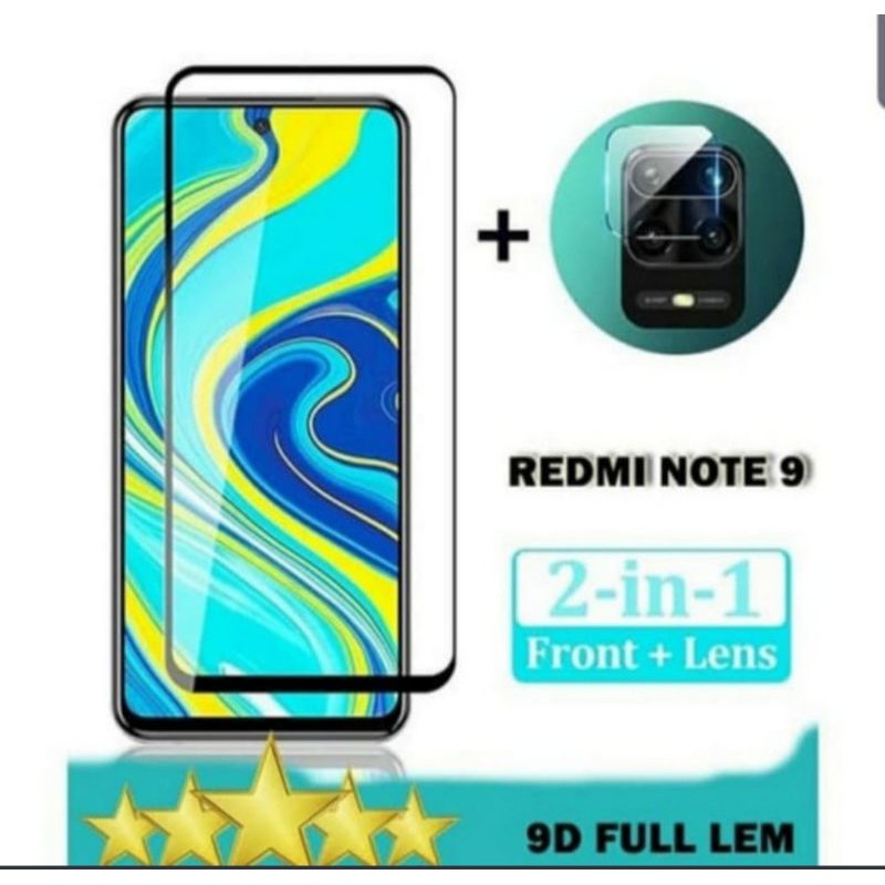 Tempered Glass Full Lem Xiaomi Redmi Note 9 New + Tg Camera Lensa 2 in 1