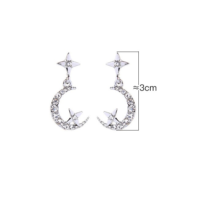 LRC Anting Tusuk Fashion Silver Diamond Star Moon Stud Earrings D82036