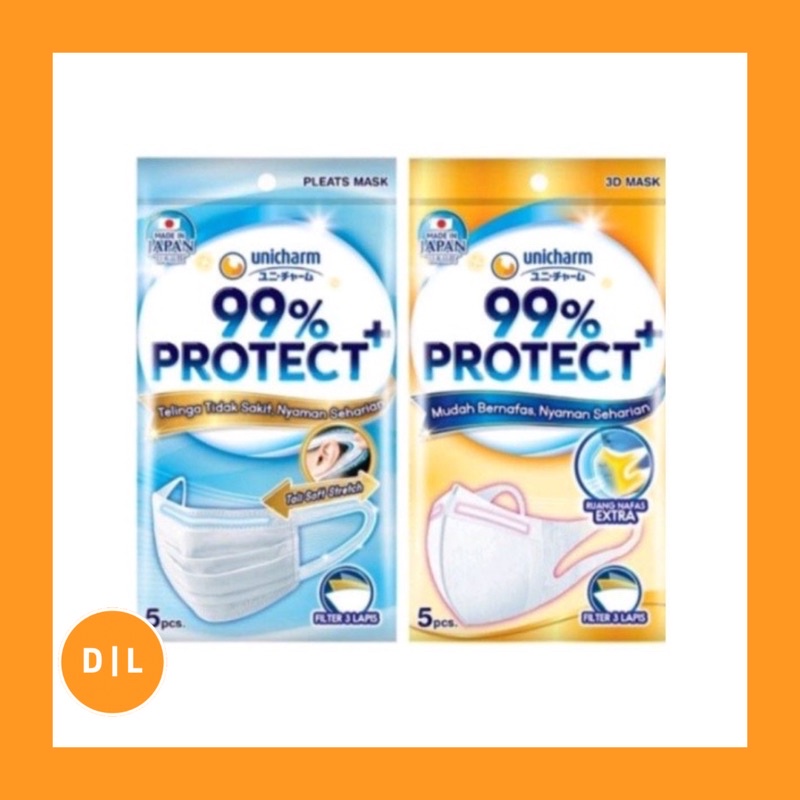 Masker Unicharm 99% Protect Mask 3D & Pleats isi 5