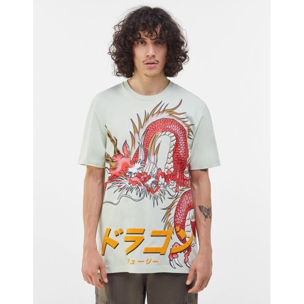 Kaos Pria reguler fit short Sleeve tshirt with dragon print BERSHKA MAN ORIGINAL TERMURAH