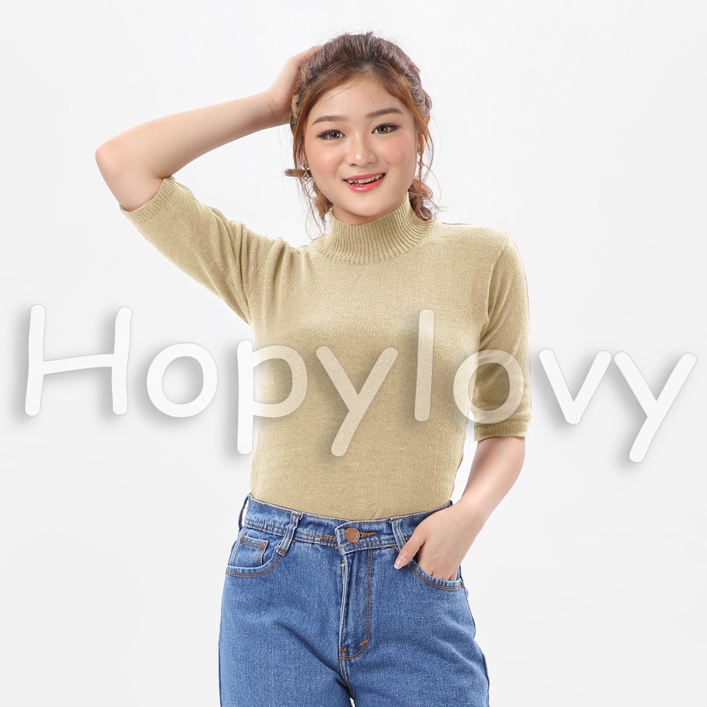HOPYLOVY Blouse Rajut Turtleneck Wanita Lengan 3 per 4 Rafika-CREAM