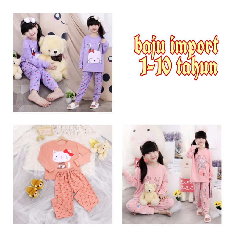 setelan panjang piyama  anak import girl 1-10 tahun/ setelan panjang import anak cewe / baju tidur import anak / hokah kids