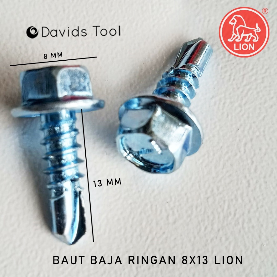 Sekrup Baja Ringan Baut Roofing Skrup Hollow Holo Besi Drilling Galvalum Lion 8x13 Putih 100pcs