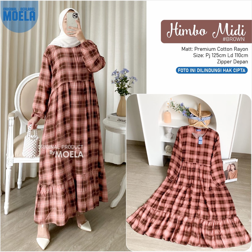 MIDI HIMBO ld 110cm premium cotton rayon motif kotak-kotak zipper depan BUSUI friendly dress wanita 