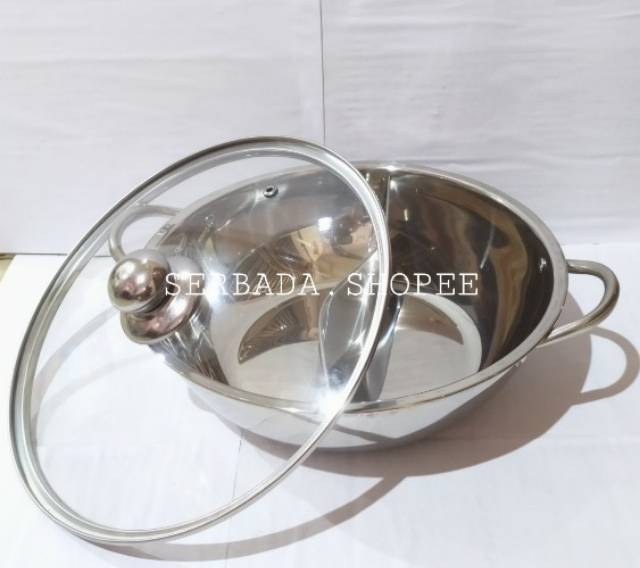 A1 Panci 2 Sekat Stainless Steel Tutup Kaca 28 Cm Hot Pot Steamboat Panci Shabu Shabu