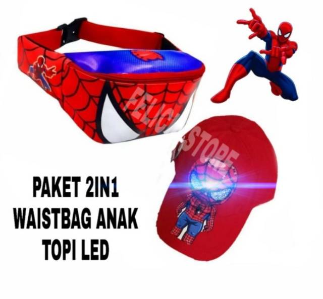 Paket 2in 1 waistbag anak karakter+topi led