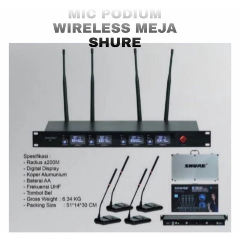 MIC MEJA WIRELESS PODIUM 4 MIC SHURE M4 WIRELESS MIC PODIUM