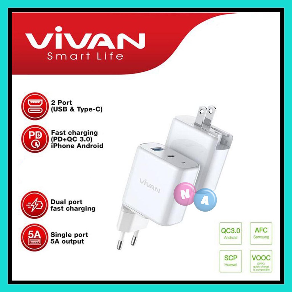 Travel Charger Vivan 2 Port Usb QC 4.0 Power Boost 5A Type C 45W