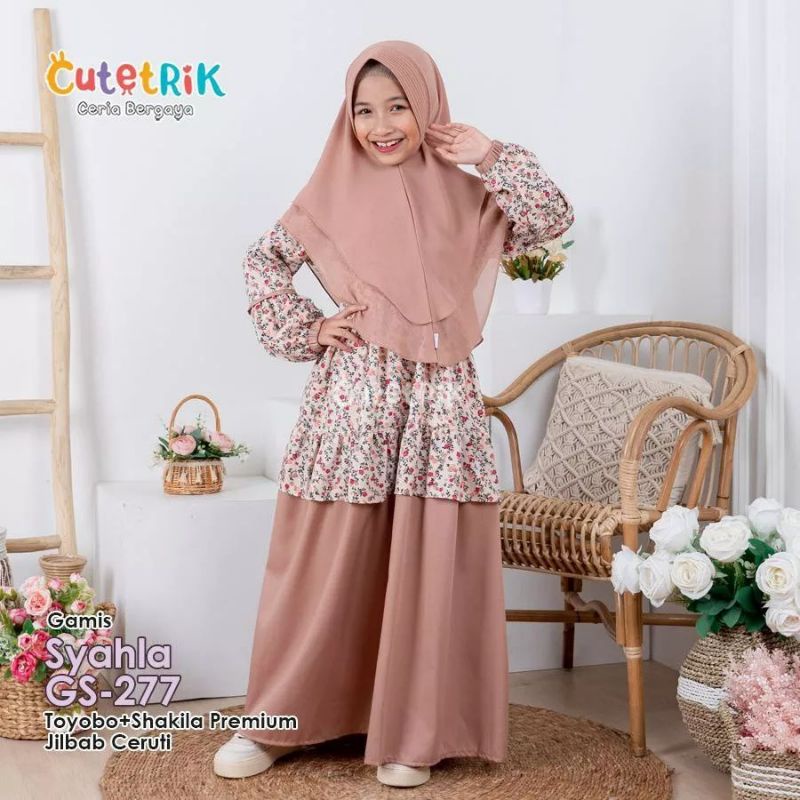 (Bisa Couple Ibu Anak) Gamis Syahla GS 277 | Original by Cutetrik | Gamis Anak Set Jilbab Lebaran Te