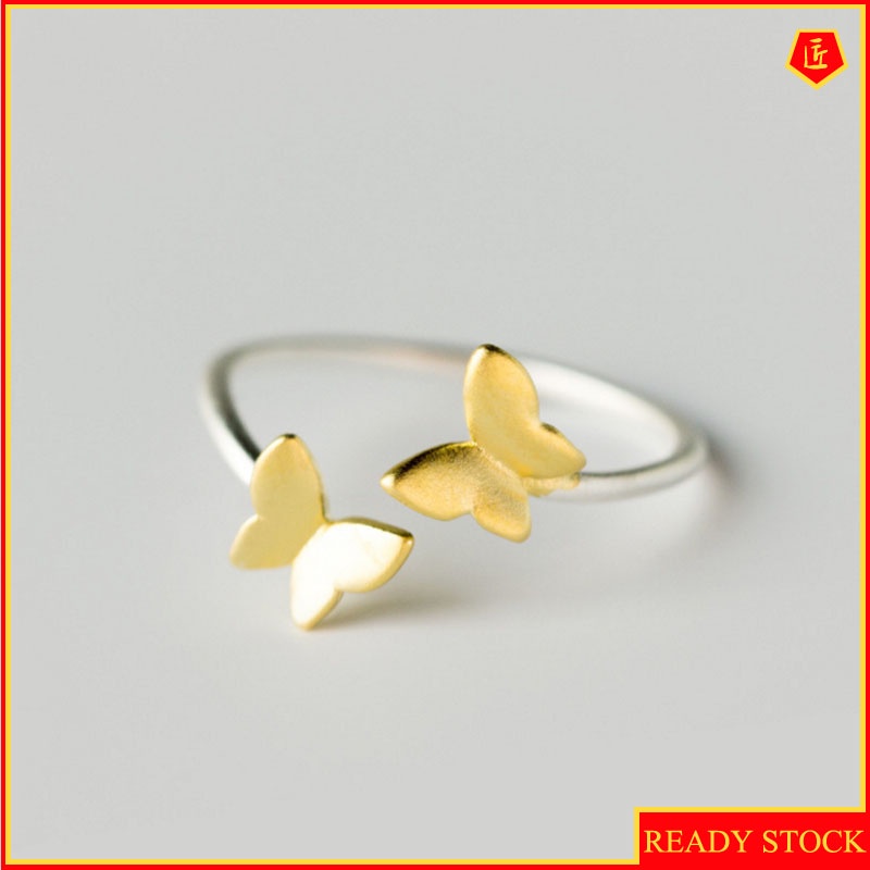 [Ready Stock]Korean-Style Simple Golden Double Butterfly Silver Ring