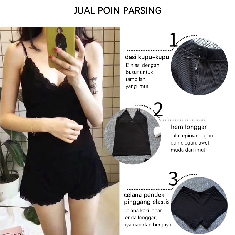 UNINICE Setelan piyama tank top, setelan renda dua potong Merah Jambu, atasan + celana pendek