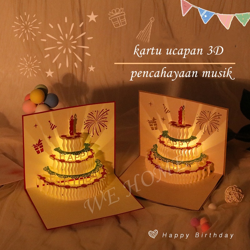 new!!Livi Kartu Ucapan Pop Up 3D ada lampu dan musik Tulisan Happy Birthday dengan Amplop