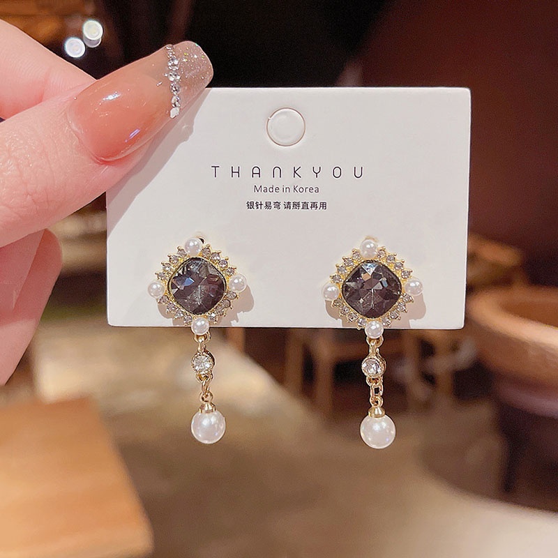 Anting S925 Silver Needle Bentuk Persegi Aksen Berlian Mutiara Gaya Perancis Untuk Wanita