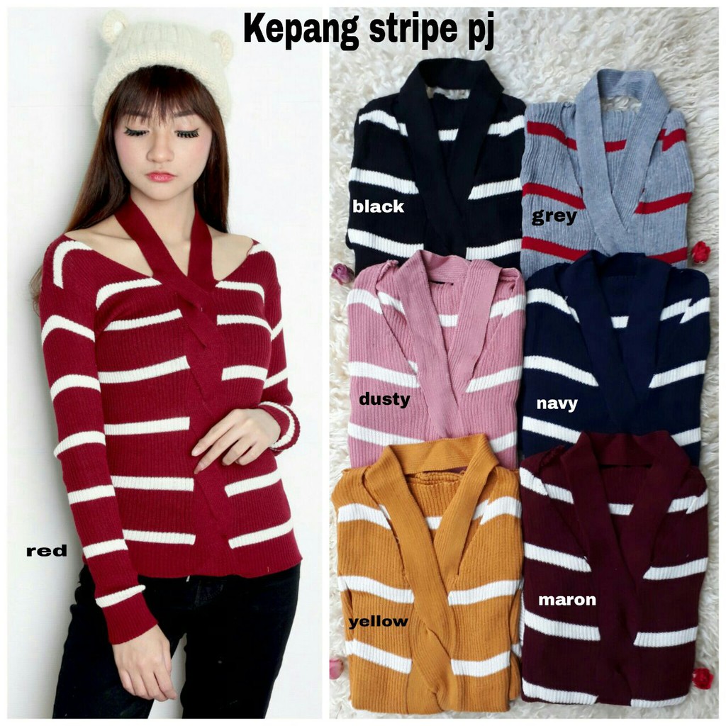 [Kepang Stripe pj Varian Warna RO] Blouse Wanita Rajut Stret Varian Warna