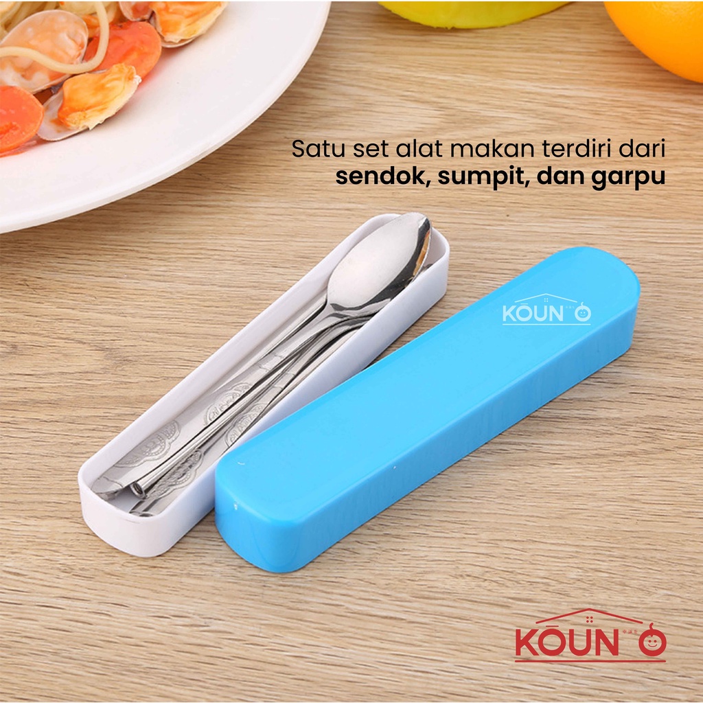 1 Set Alat Makan Sendok Garpu Sumpit Stainless Steel + Box Portable Travel Cutlery Set Food Grade