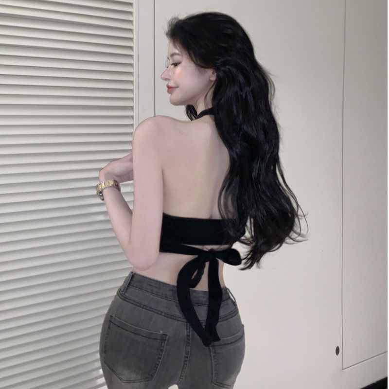 Suhao musim panas Hong Kong rasa chic hot girl gaya seksi tali halter terbuka kembali berongga desain rasa ramping rompi suspender top