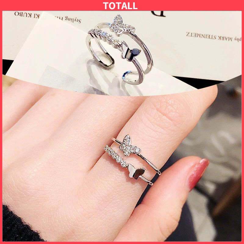 COD Cincin terbuka wanita kupu-kupu ganda flash berlian ekor cincin sederhana-Totall