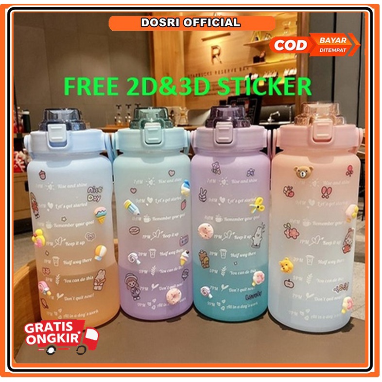 [BISA COD] Botol Minum Viral Motivasi 2 Liter Pelangi Rainbow Botol Air Minum Korea Free Stiker 3D Timbul &amp; Tempel