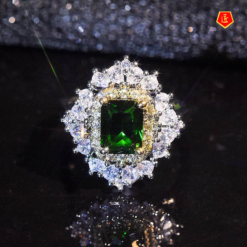 [Ready Stock]Luxury Inlaid Emerald Open Ring