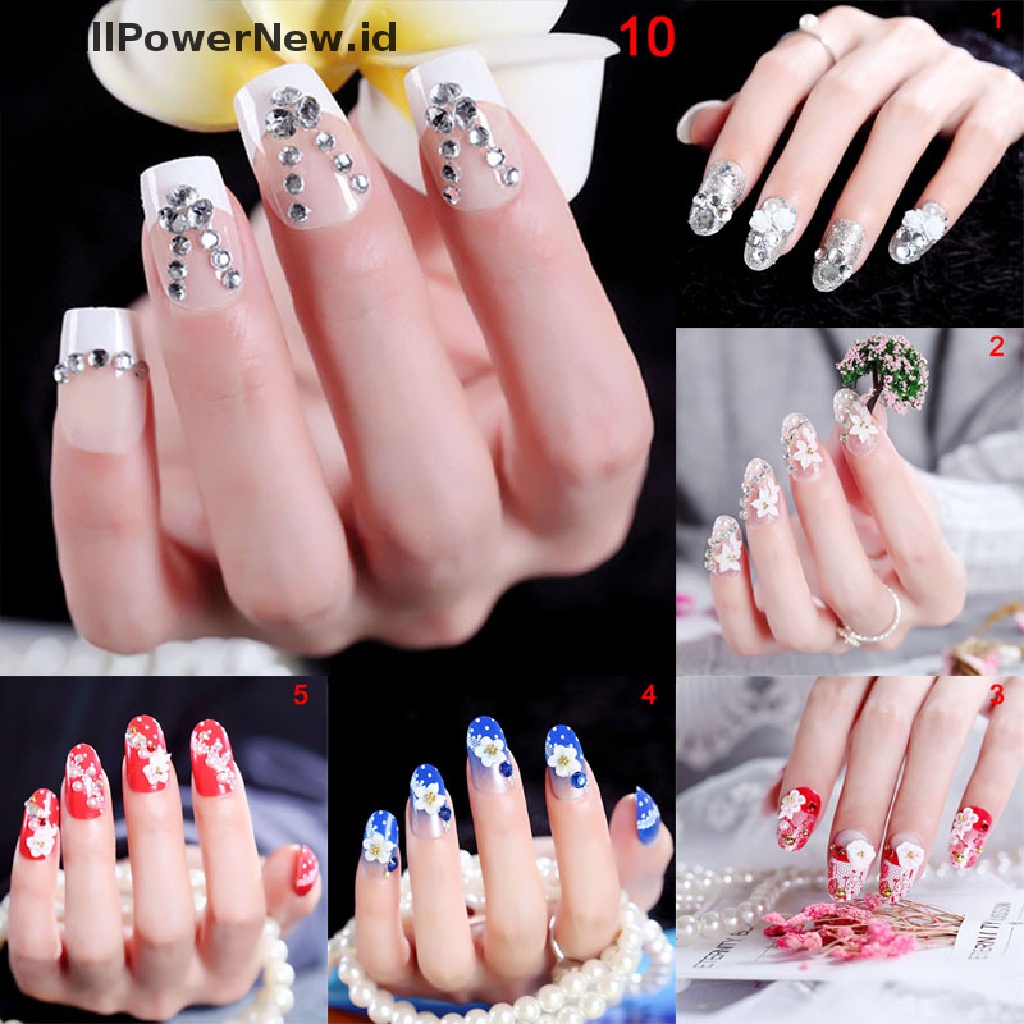 24pcs / Set Kuku Palsu Transparan Motif Bunga Aksen Manik-Manik Untuk Nail Art / Manicure Diy