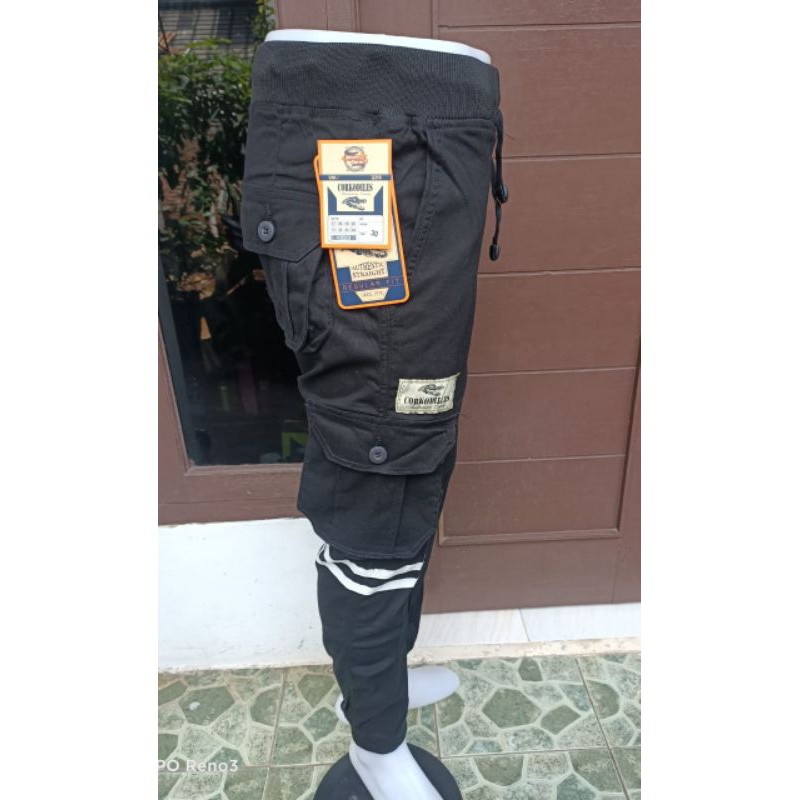 Celana Jogger Cargo Pria Pinggang Karet Hitam Original