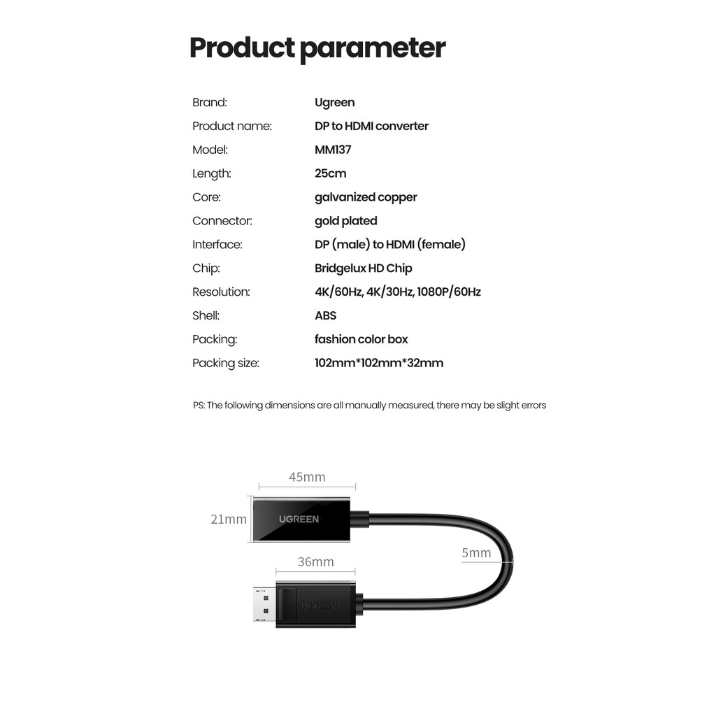 【Stok Produk di Indonesia】Ugreen Kabel Adapter Converter Displayport DP 4K Ke HDMI 1080P Untuk PC / Laptop / Proyektor