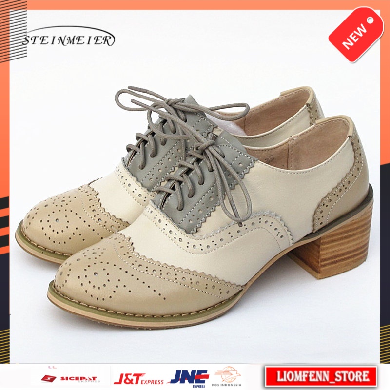 Sepatu Oxford Wanita Import Women oxford pumps shoes vintage genuine leather lady Thick heels Retro 