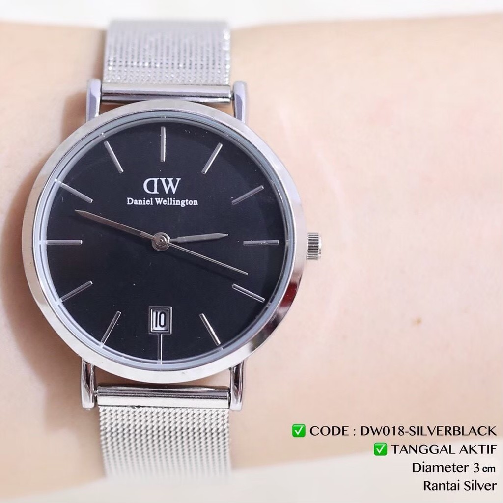 Jam tangan murah pria /  wanita / COUPLE classic rantai pasir DUA JARUM TANGGAL AKTIF DC030-SILVERBLACK TGL 3CM