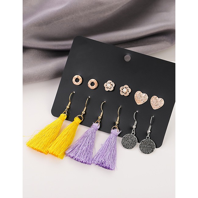 LRC Anting Set Fashion Color Mixing Love Flower Pearl Tassel Geometric Earring Set K09659