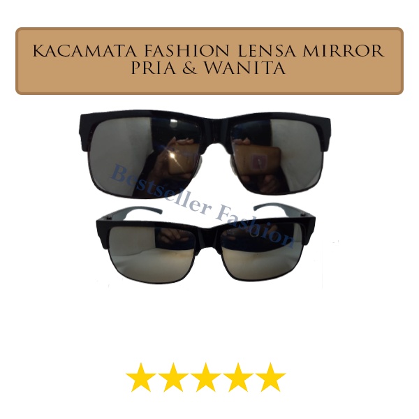 Kaca Mata Pria dan Wanita Santai Gaya Korean Classic Square Sunglasses Anti UV Frame Hitam Kacamata Lensa Silver Mirror UNISEX