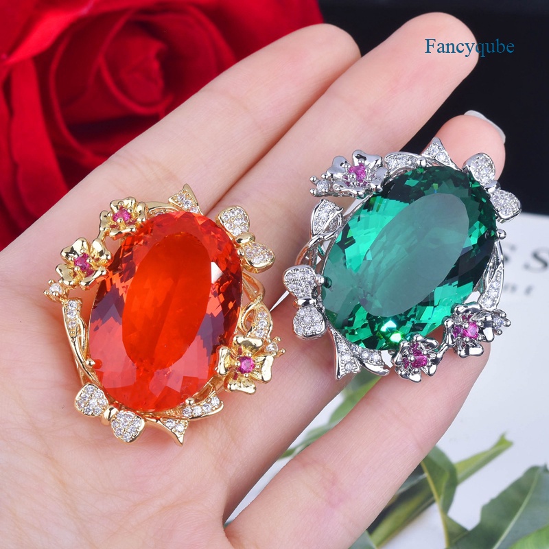 Fancyqube Cincin Zircon Bentuk Bunga Oval Adjustable Gaya Eropa Amerika Untuk Wanita