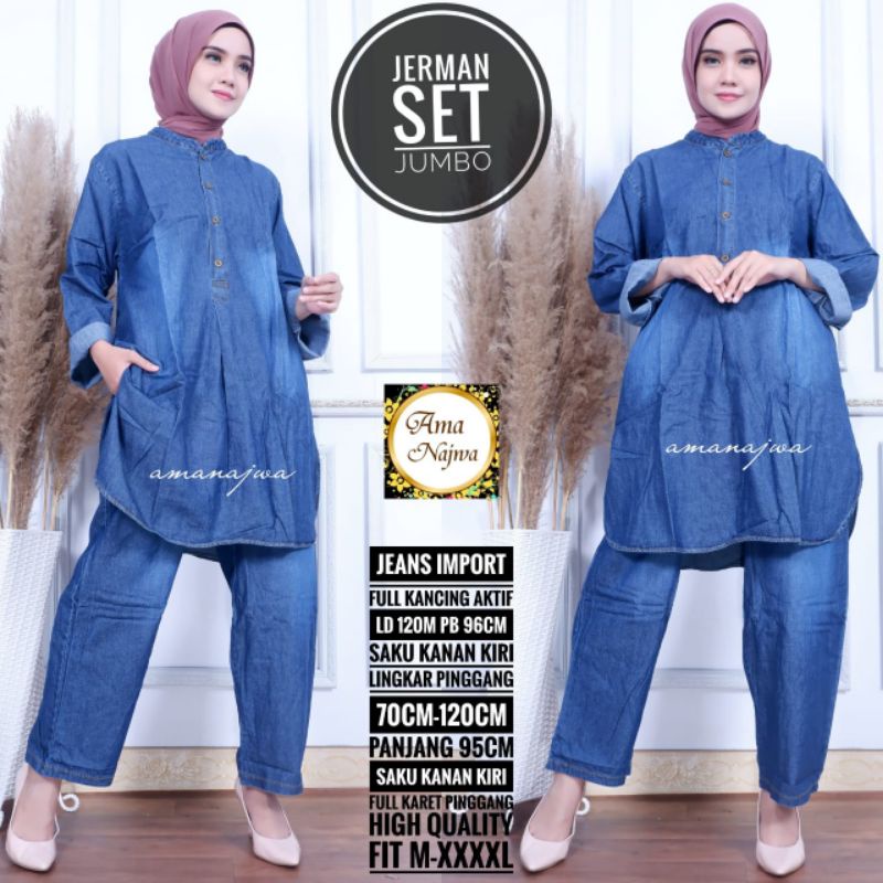 Jerman One Set Setelan Celana Tunik Polos Jeans Ld 120 Jumbo Fit XXXL Busui Kancing By Amj