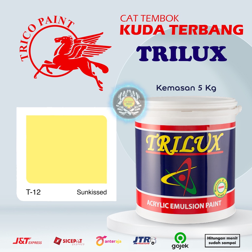 CAT AIR CAT TEMBOK DINDING TRILUX KUDA TERBANG 5 KG WARNA T-12 SUNKISSED T12 KUNING MUDA YELLOW PASTEL 5KG INTERIOR EXTERIOR ACRYLIC EMULSION PAINT MURAH ULTRATEX NIPPON PAINT KIMEX QLUC AVITEX AVIAN LUAR DALAM BAGUS TERMURAH DI MEDAN BINJAI SUMATERA