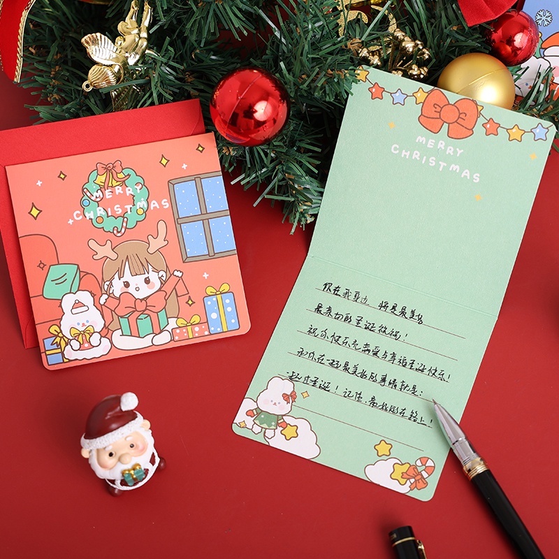 4pcs Kartu Ucapan Desain Kartun Perempuan Lucu Untuk Natal