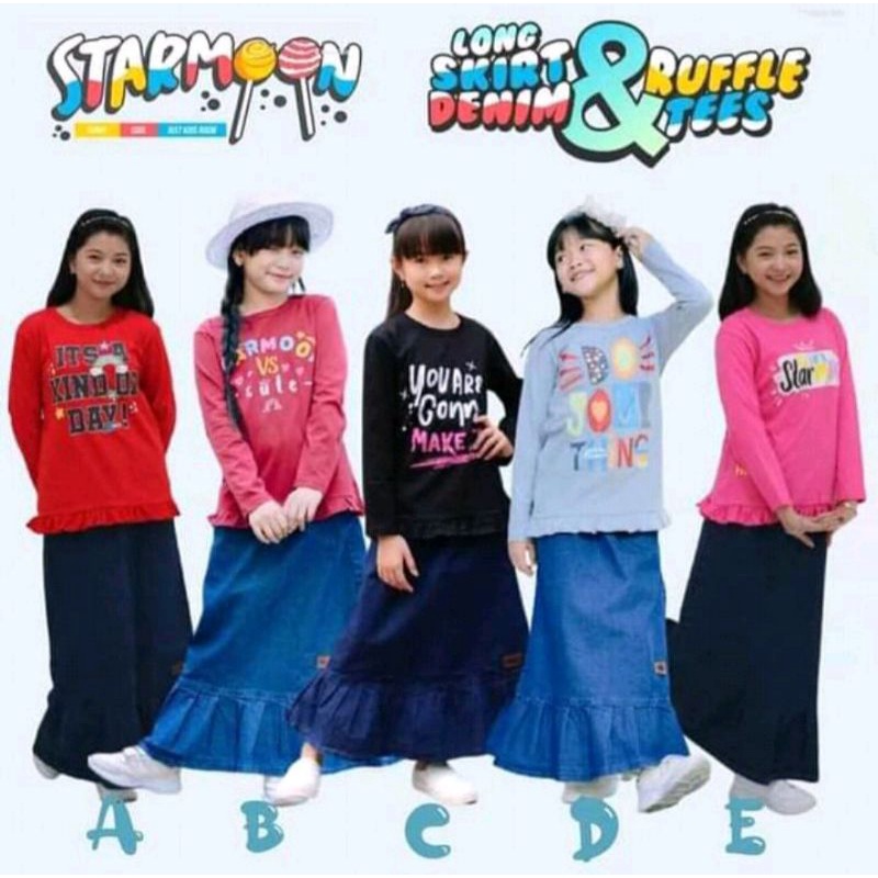 Set rok starmoon setelan rok jens anak perempuan setelan kaos lengan panjang