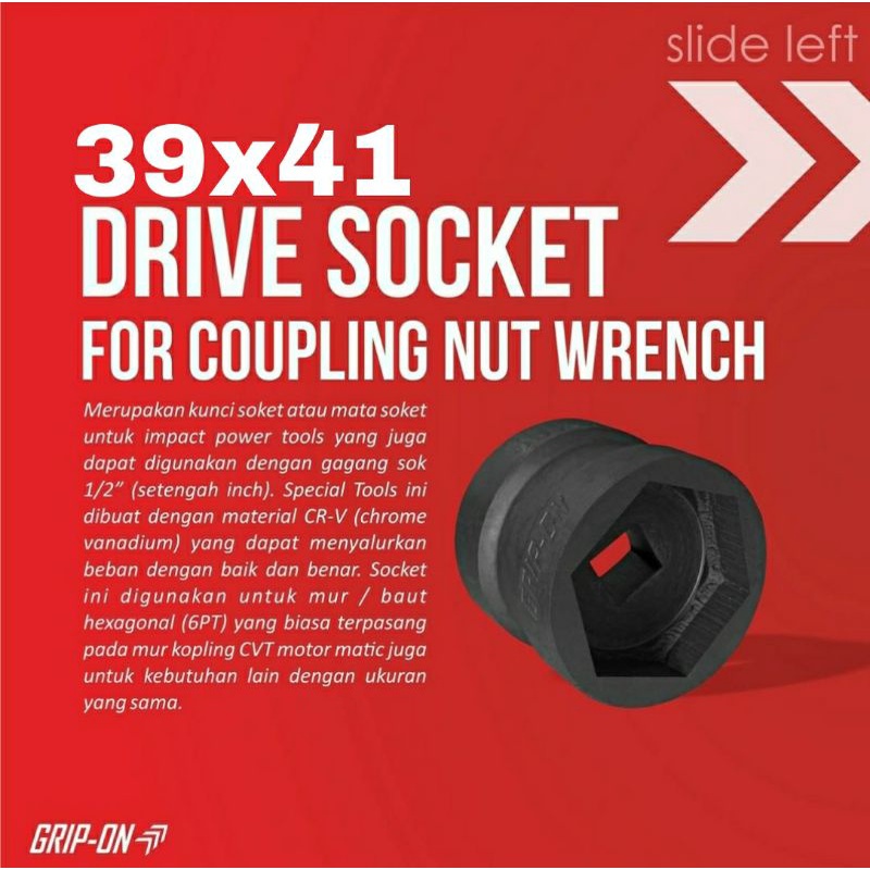 GRIP ON Double Socket Drive 39X41 For Coupling Nut Wrench Mata Sok Mur Kopling CVT 39 x 41 mm