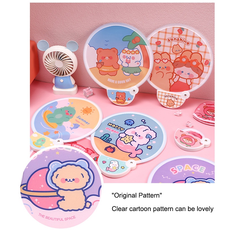 COD❤️Kipas Tangan Lipat Mini Portable Siswa Kartun Again Portable Genggam Bulat Lipat Cartoon Untuk Pelajar Anak Foldable Handheld Fan