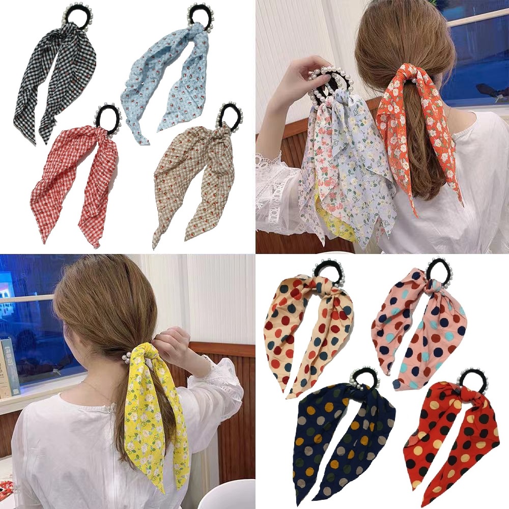 Ikat Rambut Mutiara Pita Satin Kuncir Korea Mutiara Scrunchie Jurai Panjang Pearl Silk Scarf Ribbon Hair Ring