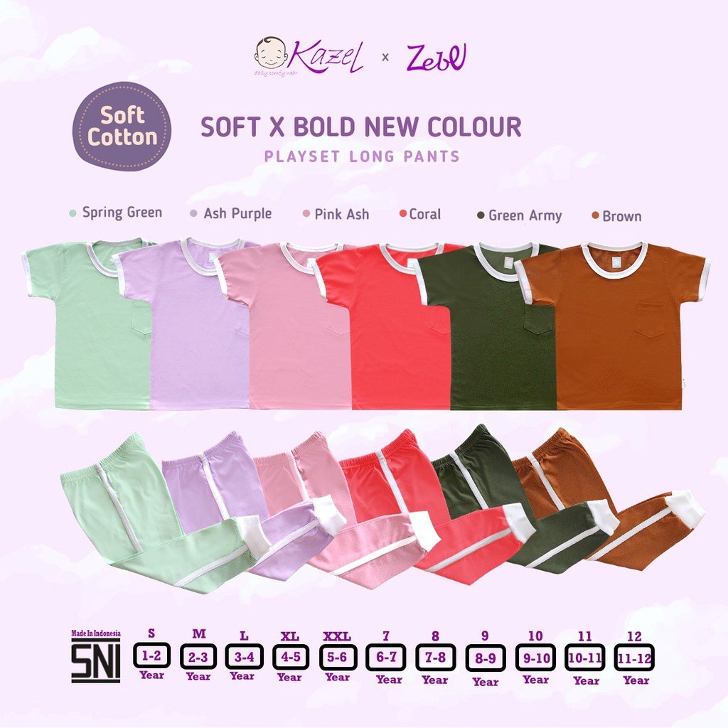 Kazel x Zebe Playset Longpants Soft x Bold New Colour - Pocket Edition Boy Girl Unisex Baju Anak Setelan Piyama 1-6 Tahun