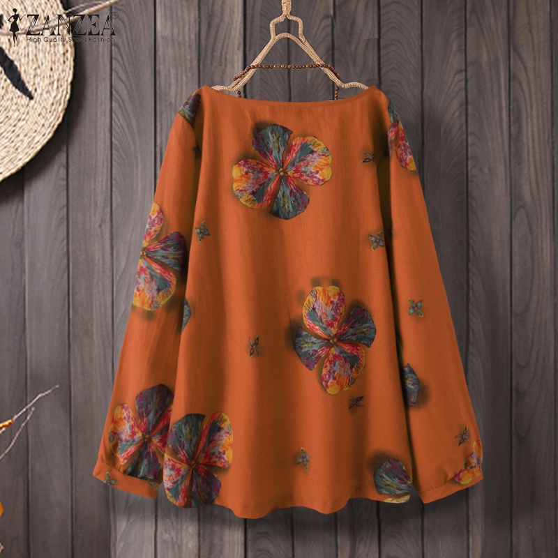 ZANZEA Women Long Sleeve Loose Retro Floral Printed Casual Blouse