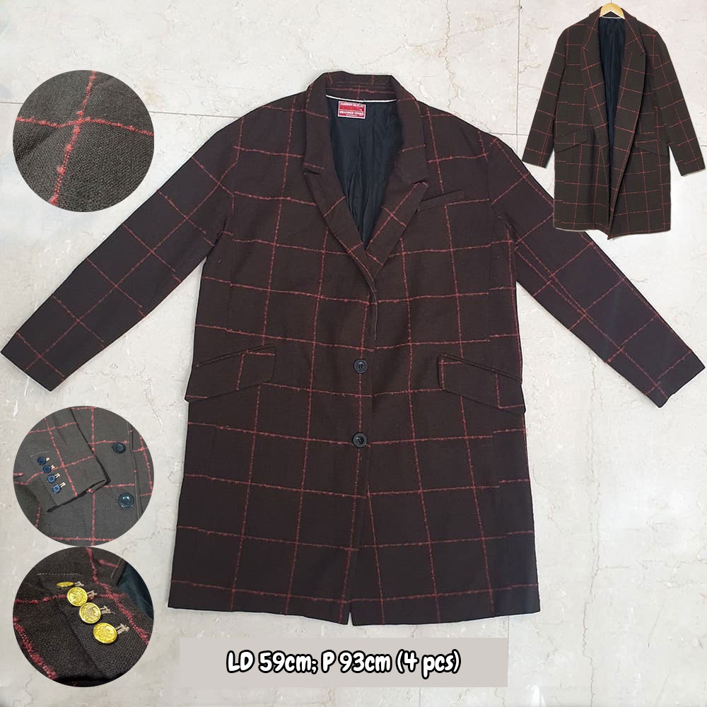 Long Blazer/Jas Pria Wanita Kotak-Kotak Warna Gula Merah (271021-A01)
