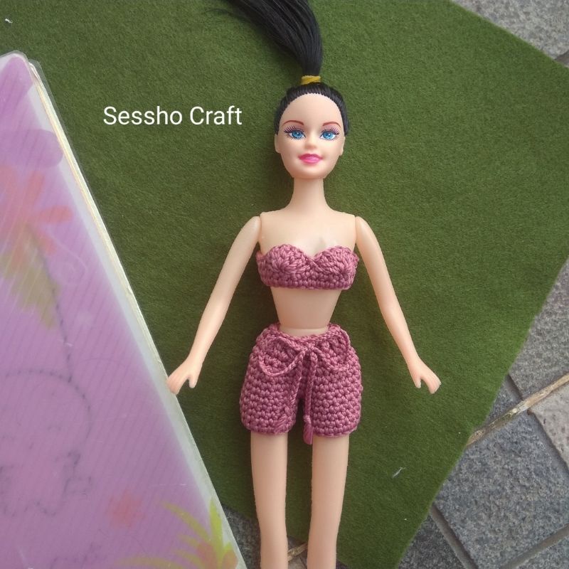 Setelan Baju Barbie Rajut Baju Pendek Boneka Barbie (Free 1 produk rajut random)