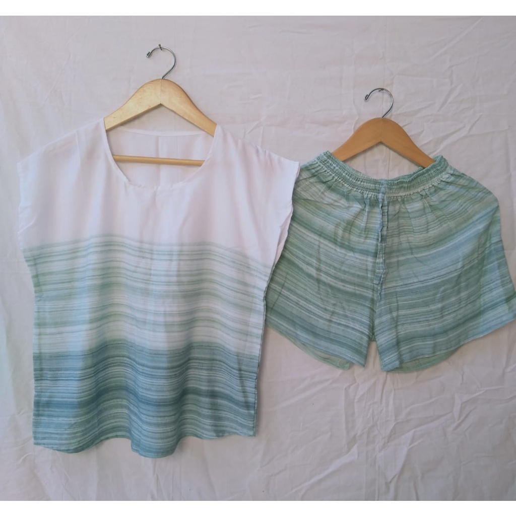 BAJU WANITA/ PAKAIAN PIYAMA  MOTIF SALUR GRADASI WARNA-SALUR HIJAU