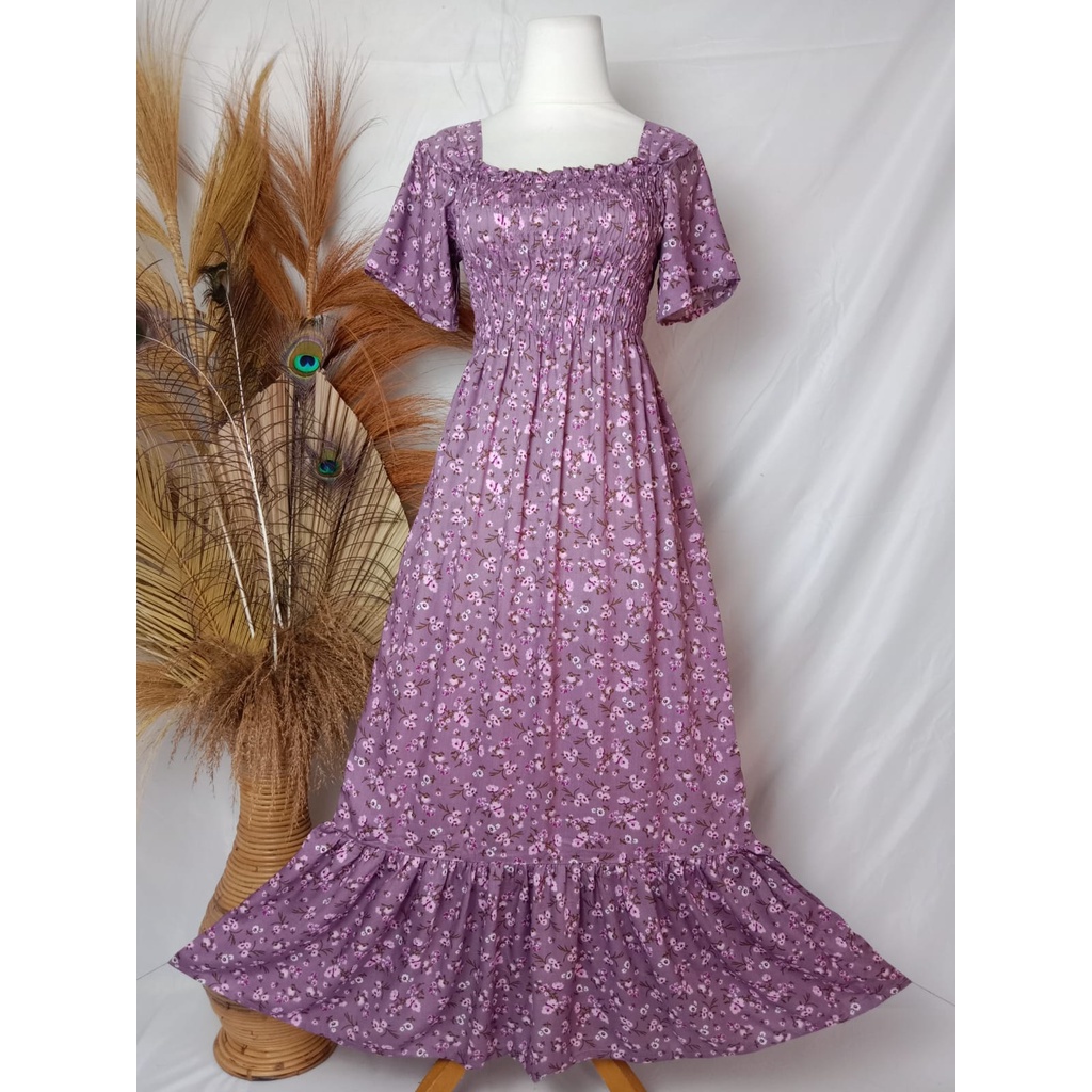 VANESSA REMPEL/ DASTER KERUT DADA REMPEL / DASTER SMOK-BUNGA PINK UNGU