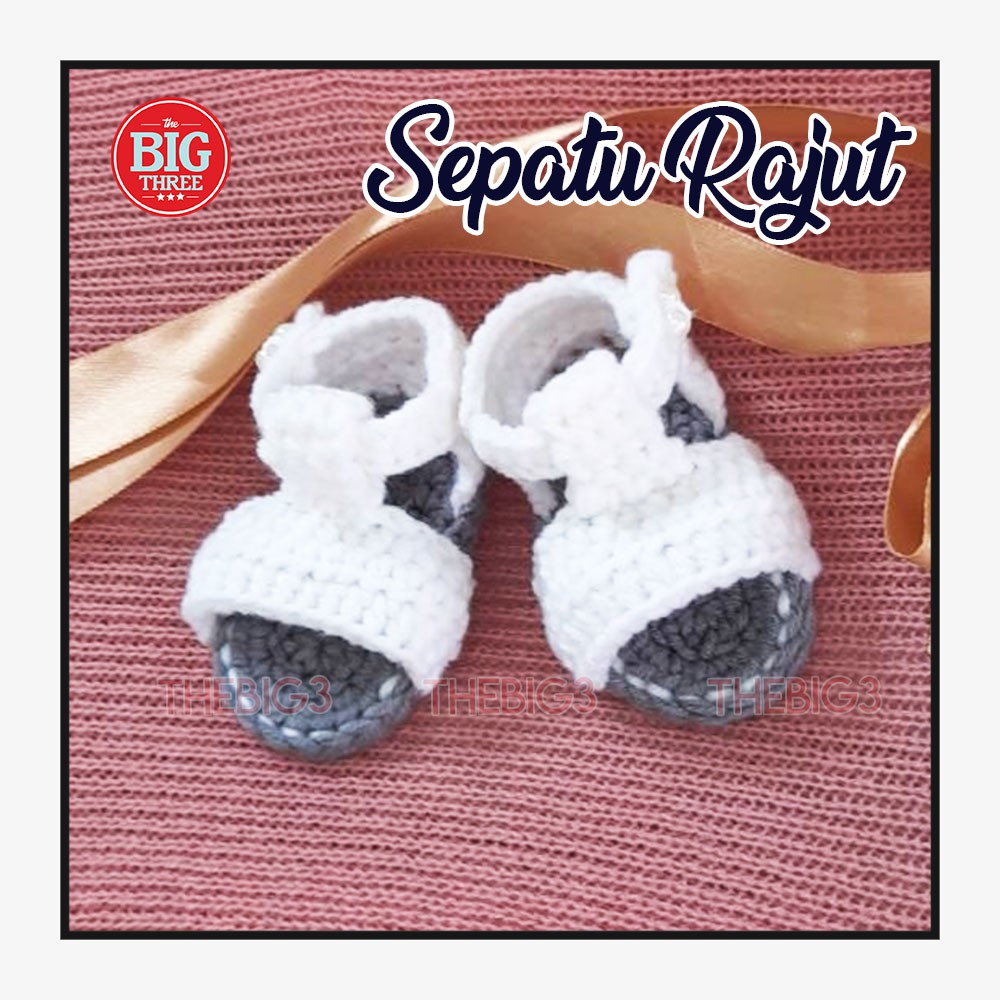 Sepatu Kaos Kaki Rajut Bayi Newborn Cewek Perempuan - Sandal Putih white grey Rajutan Handmade PO